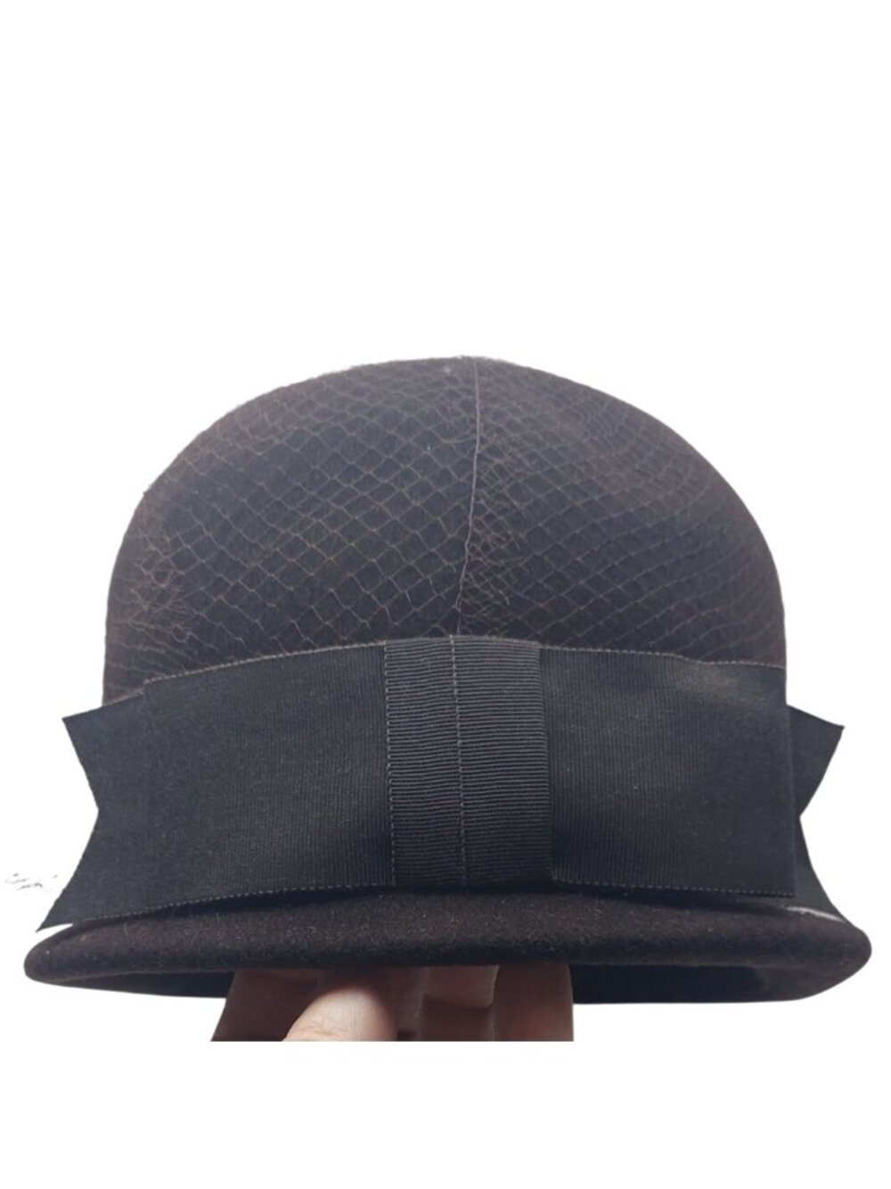 Henry Pollak Ritz Cloche Hat Brown Wool Netting Grosgrain Ribbon Bow Vintage MCM - Picture 7 of 13